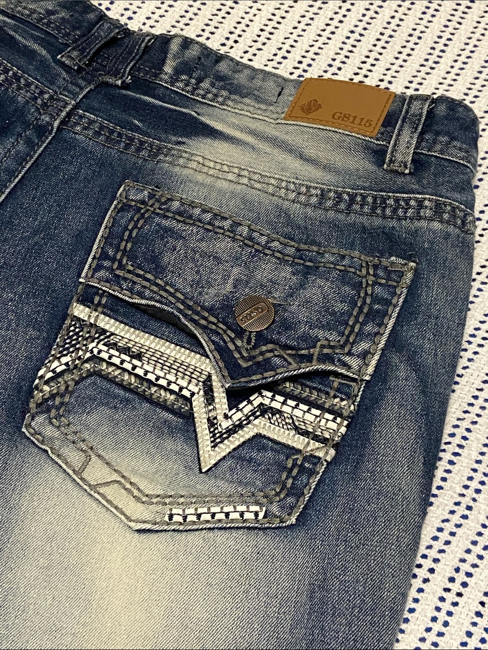 GS115 Distressed Dirty Wash Stitch Blue Jeans Y2K Biker Streetwear Size 38 x 32”
